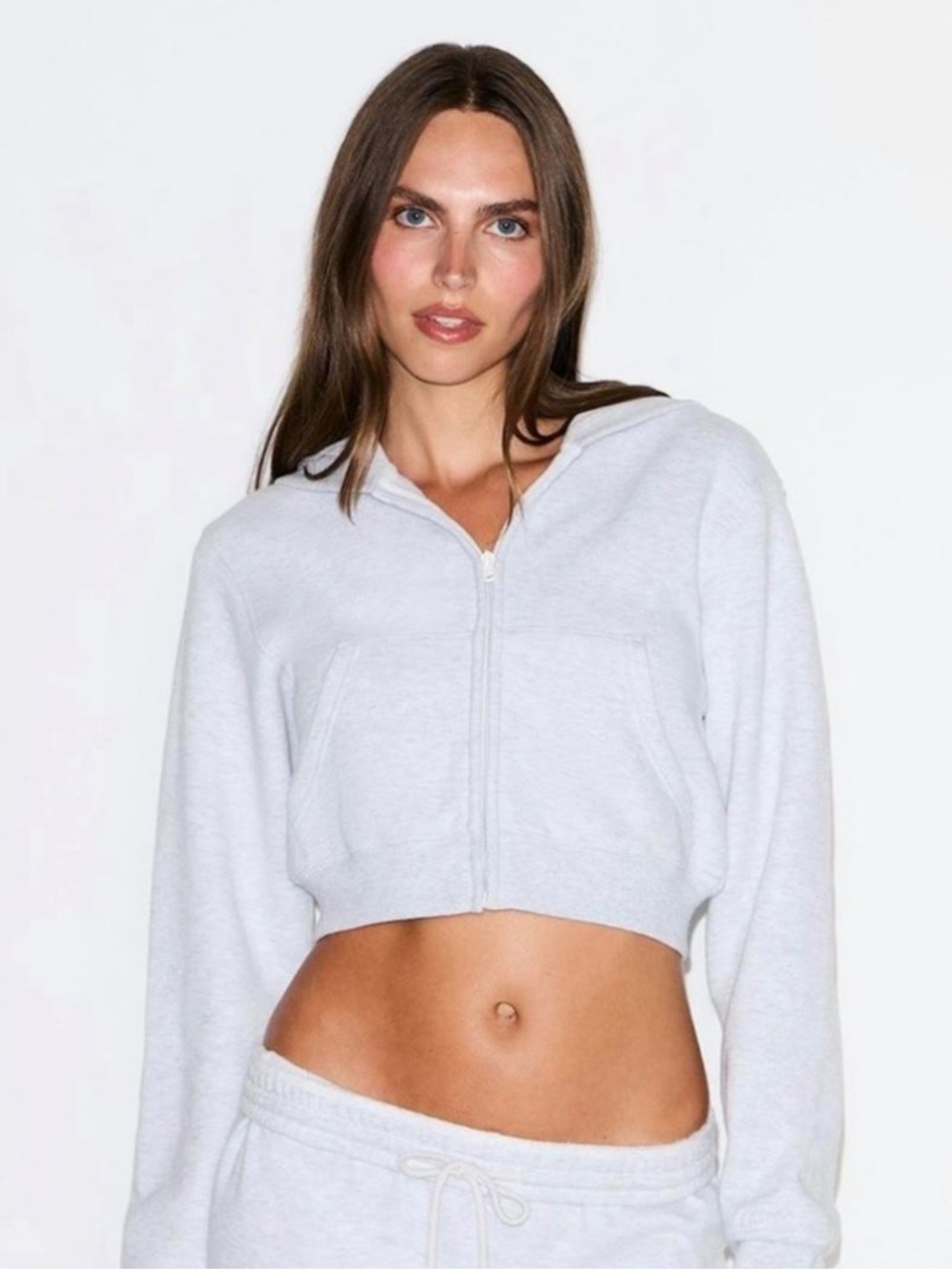 SKIMS Light Grey Cropped Zip Hoodie